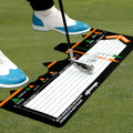 Black neoprene golf swing stance correction mat with alignment markings for practice