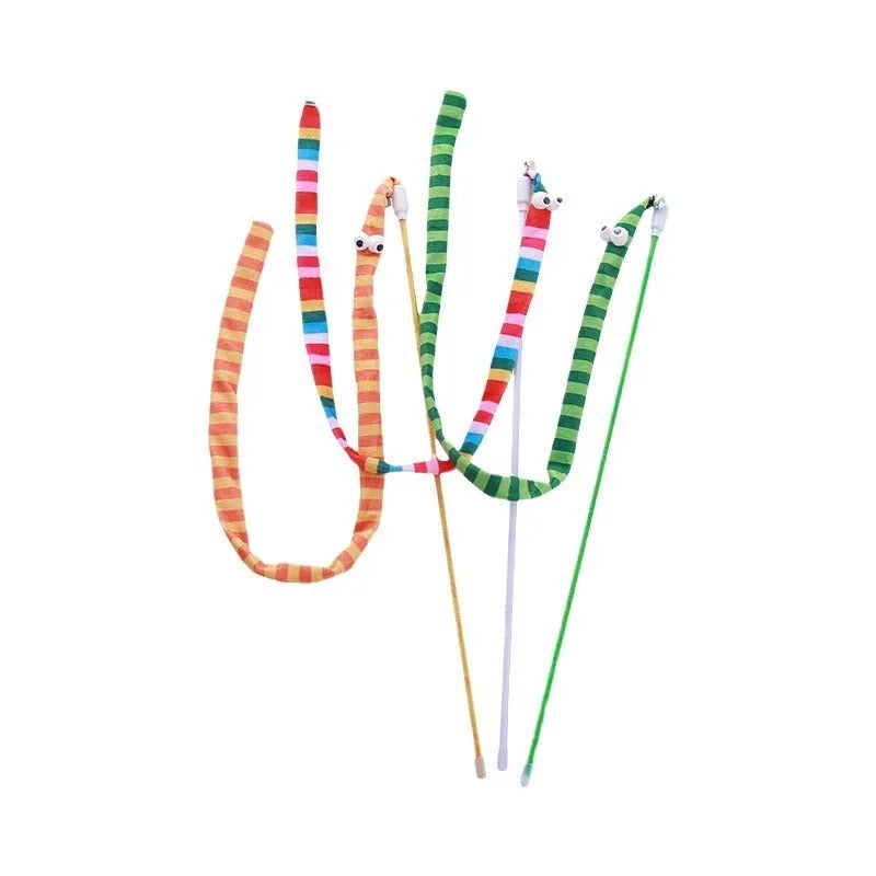 Cat teaser wand toy with long plush strip and bell on a polycarbonate pole.
