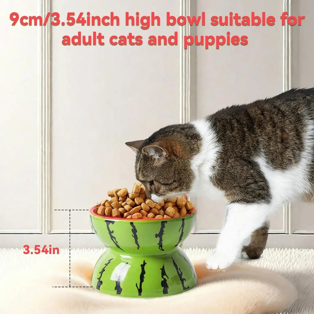 Ceramic elevated cat bowl with a tilted, widened dish and decorative pattern on a white background.