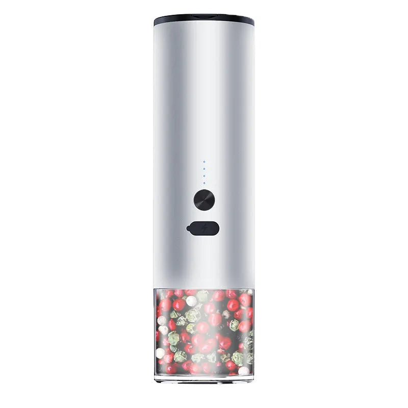 White electric salt and pepper grinder set with LED light and USB charging base