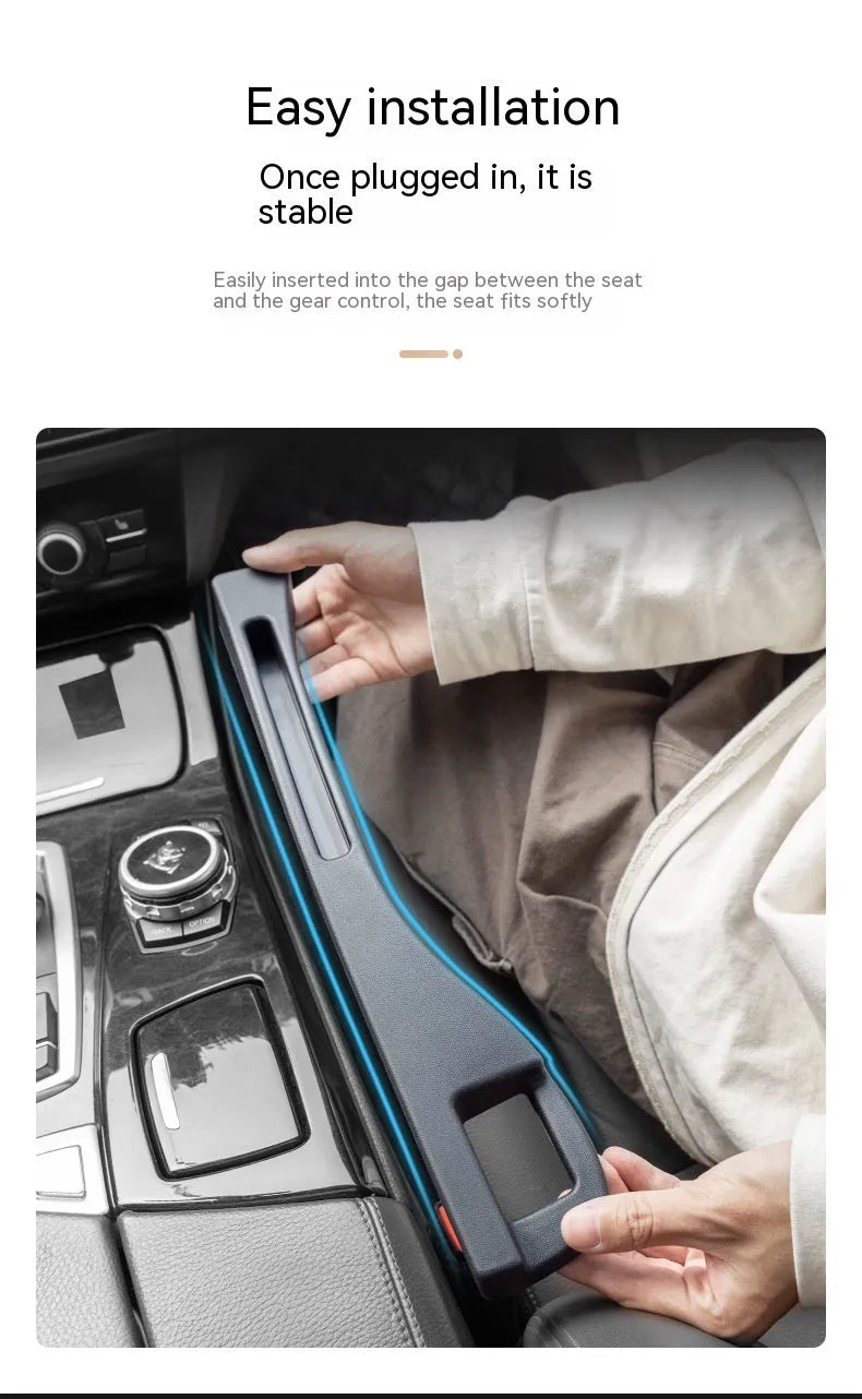 Black car seat gap storage box with handle between vehicle seats