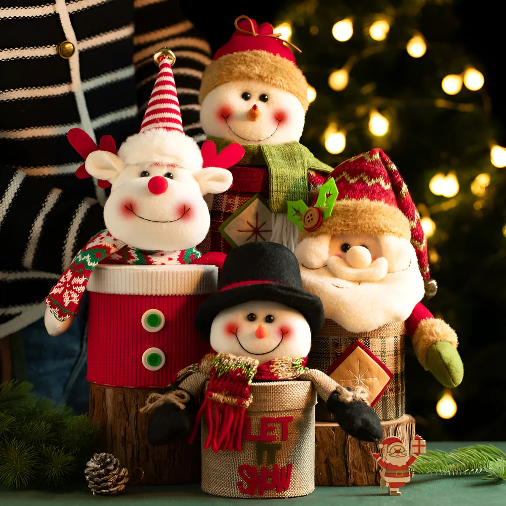 Christmas gift box in knitted flannel with oversized cartoon snowman design for festive candy storage