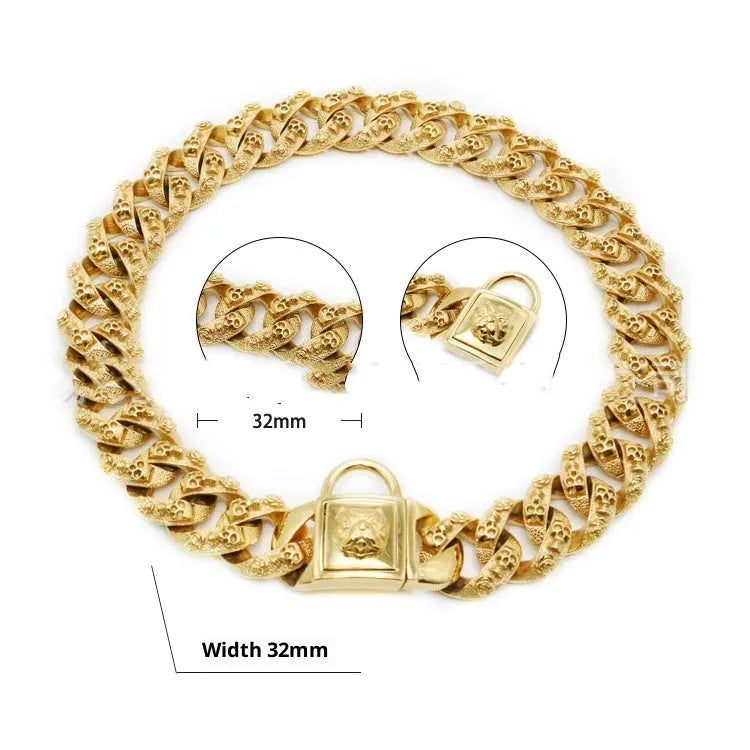 Stainless steel skull dog collar necklace in gold finish with 32mm width and chain links