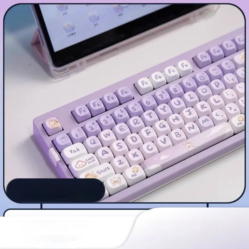 PBT gradient purple custom keycap set with rabbit design for mechanical keyboards.