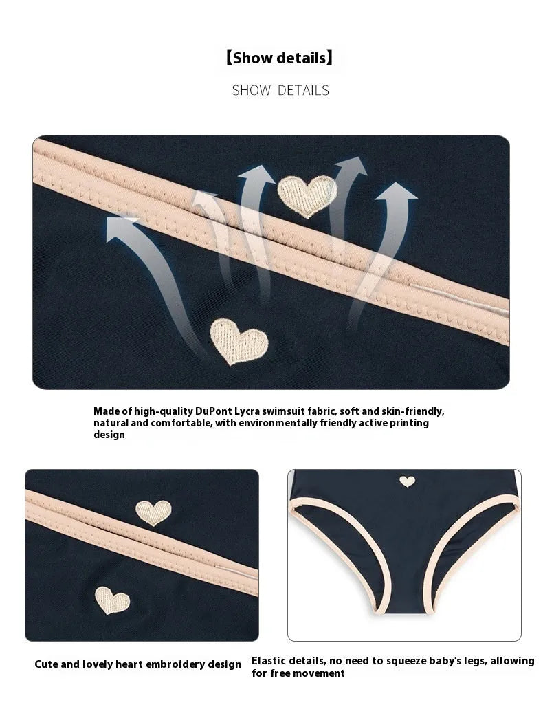 Dark blue baby split swimsuit for girls ages 1-6, high-elasticity polyester, sizes 90cm to 130cm
