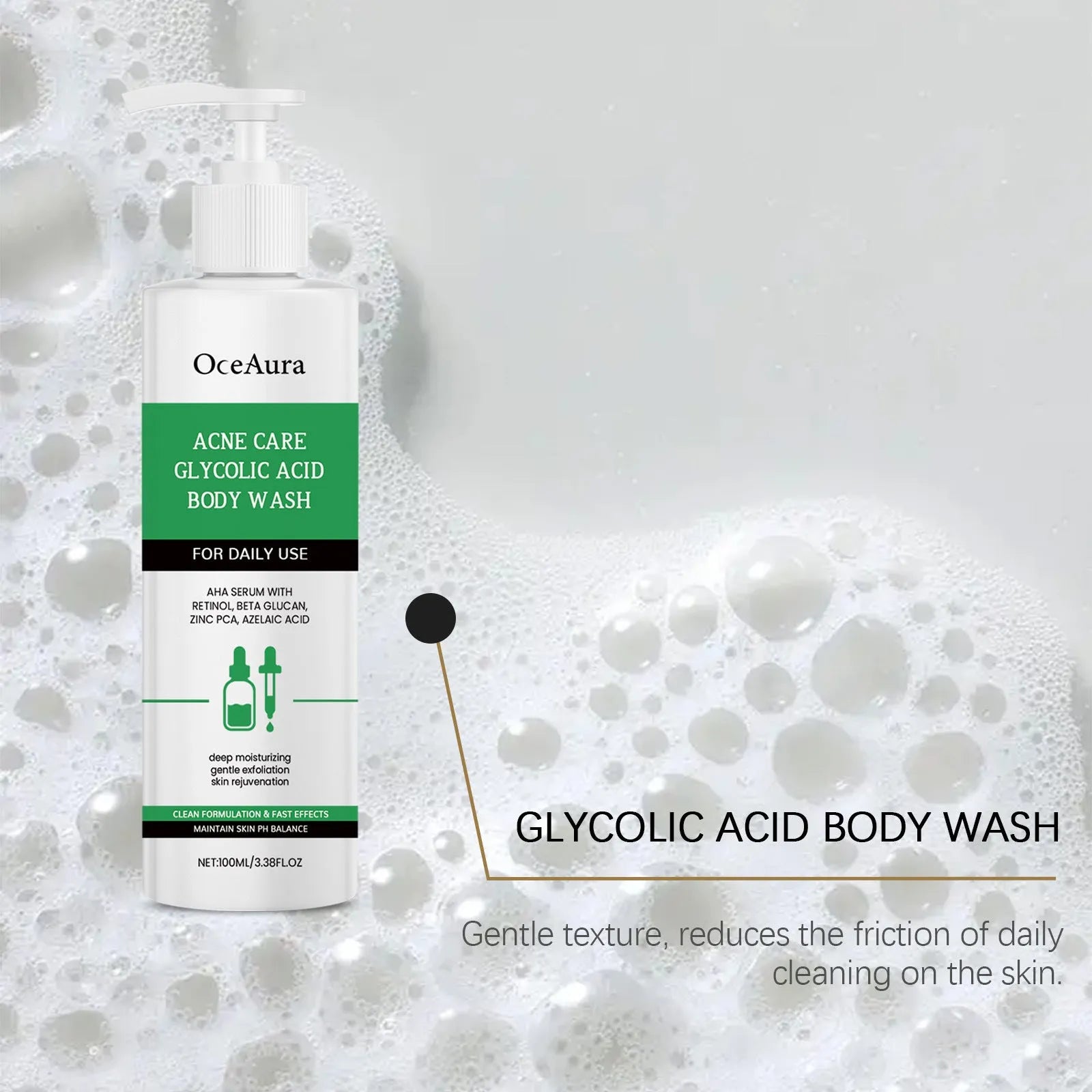 100ml soothing shower gel with retinol and azelaic acid in a compact 4x14.8cm bottle