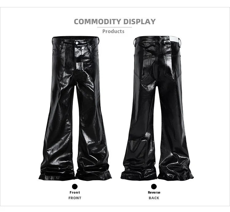 Black coated shiny patent leather straight-leg skinny jeans on a mid-waist