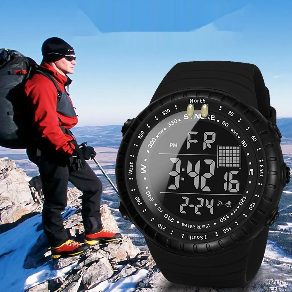 Men's black waterproof digital watch with plastic case and adjustable PU strap for outdoor activities
