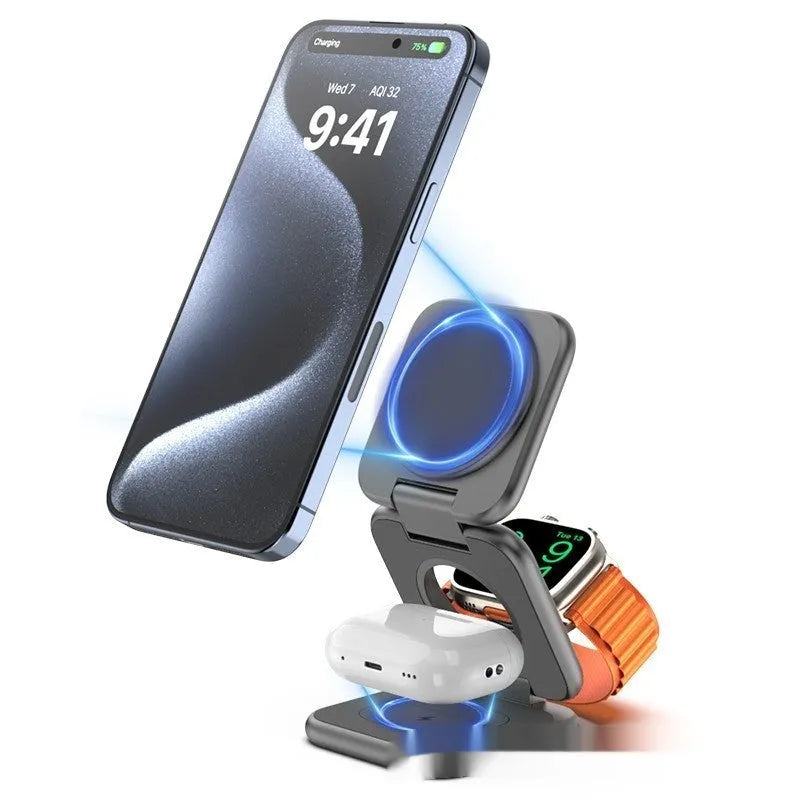 Foldable magnetic wireless charger in black with smartphone placed on charging pad