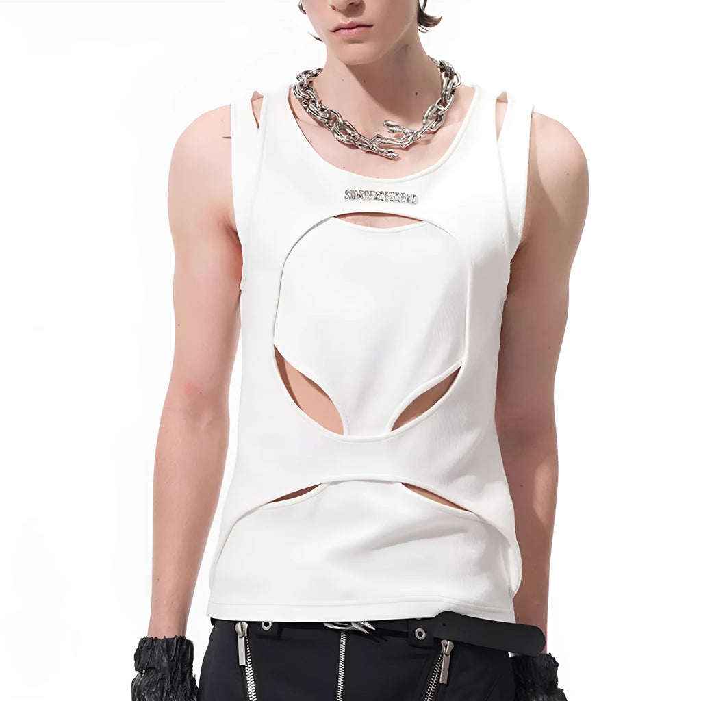 Men's black and white sleeveless waistcoat with hollow thread design and round neck