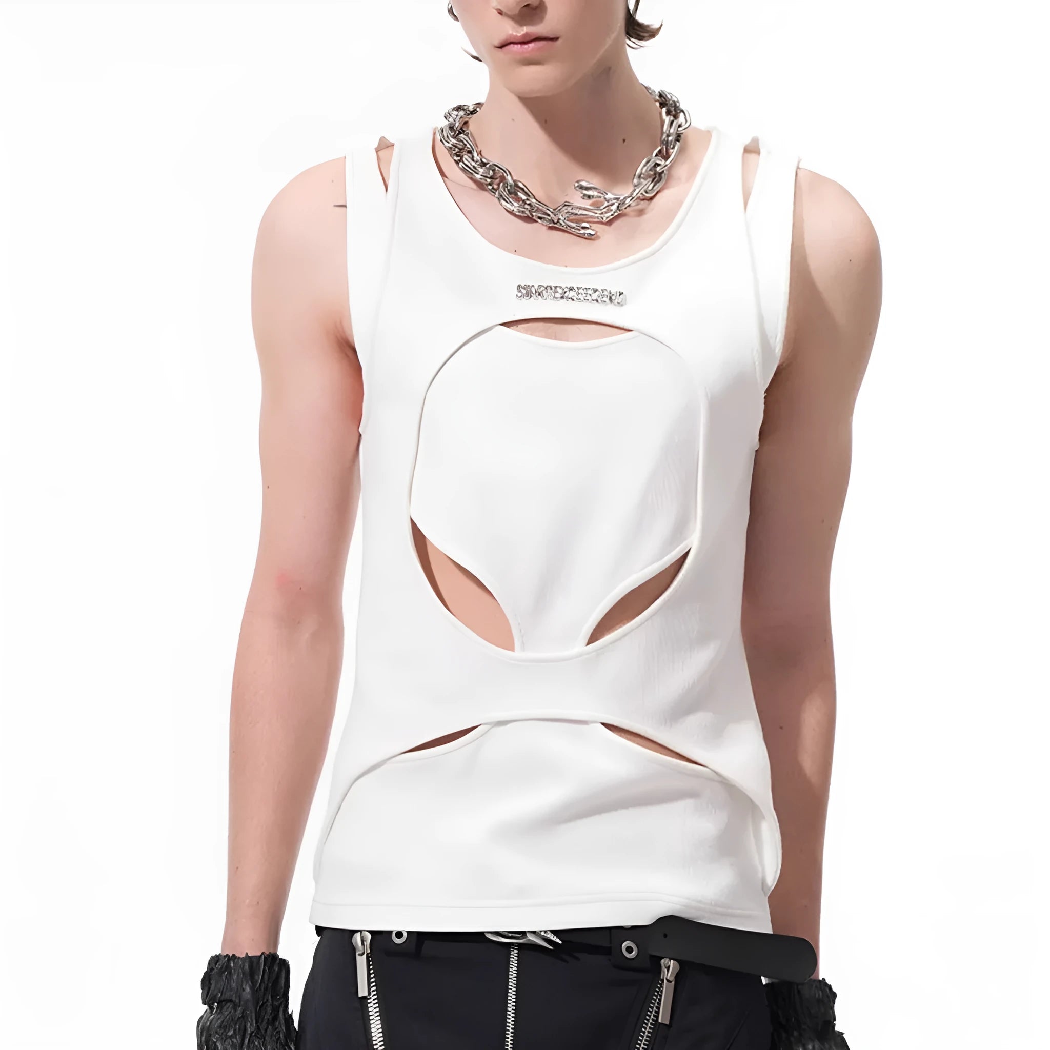 Men's black and white sleeveless waistcoat with hollow thread design and round neck