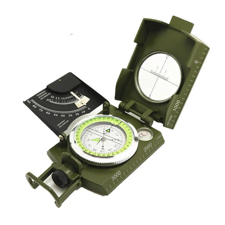 K4074 high-precision outdoor compass with metal body, hanging rope, and ring on a wooden surface