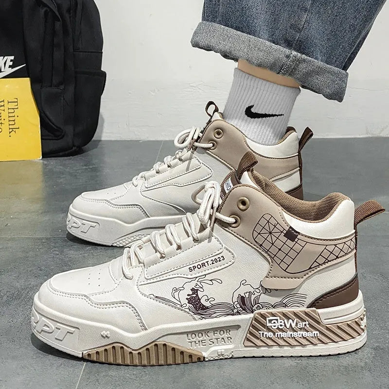 Men's beige high-top board shoes with lace-up front and flat rubber sole on a white background.