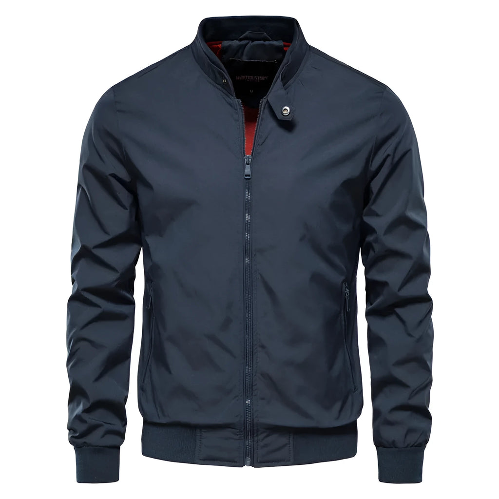 Men's solid colour thin casual jacket in polyester available in dark blue, black, or army green.