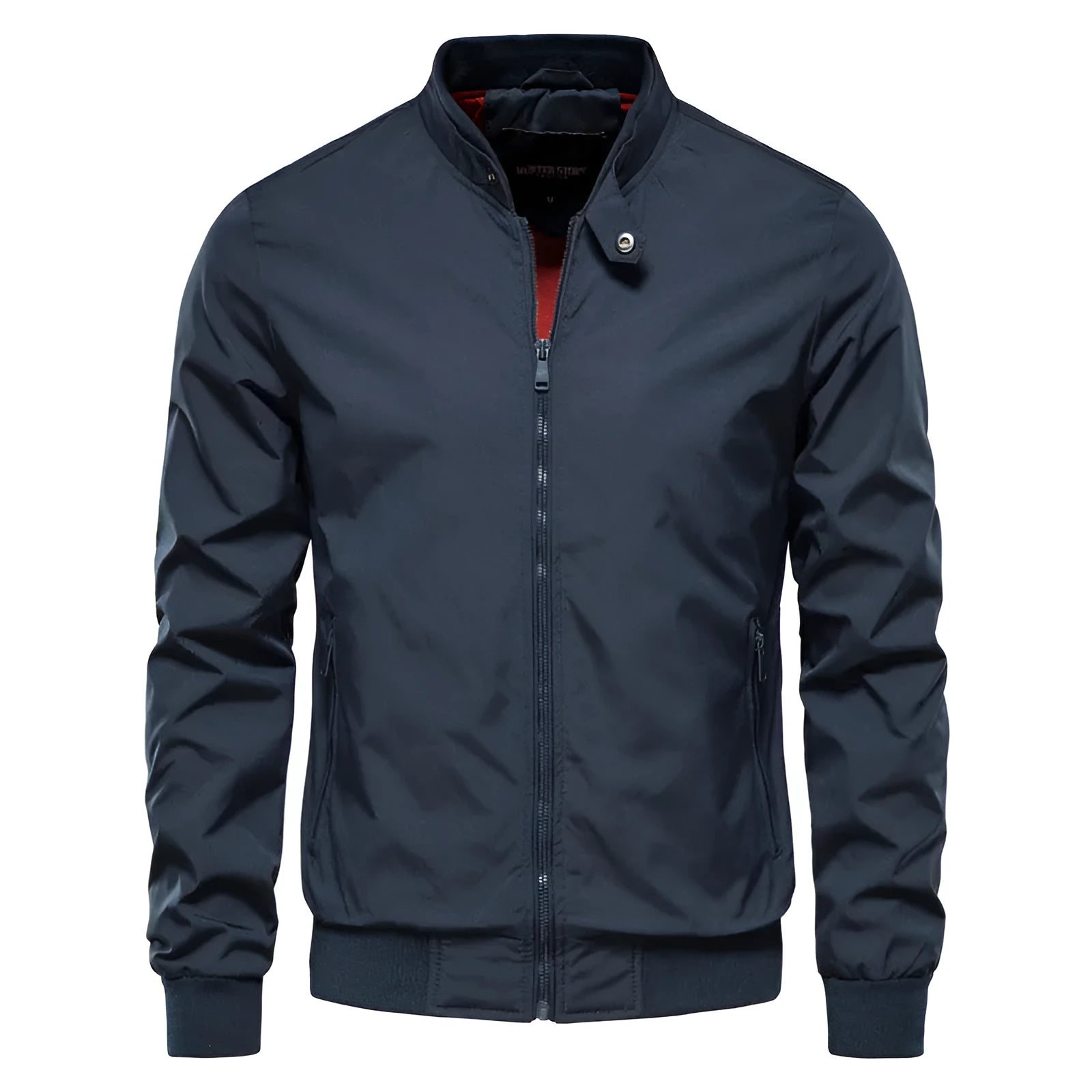 Men's solid colour thin casual jacket in polyester available in dark blue, black, or army green.
