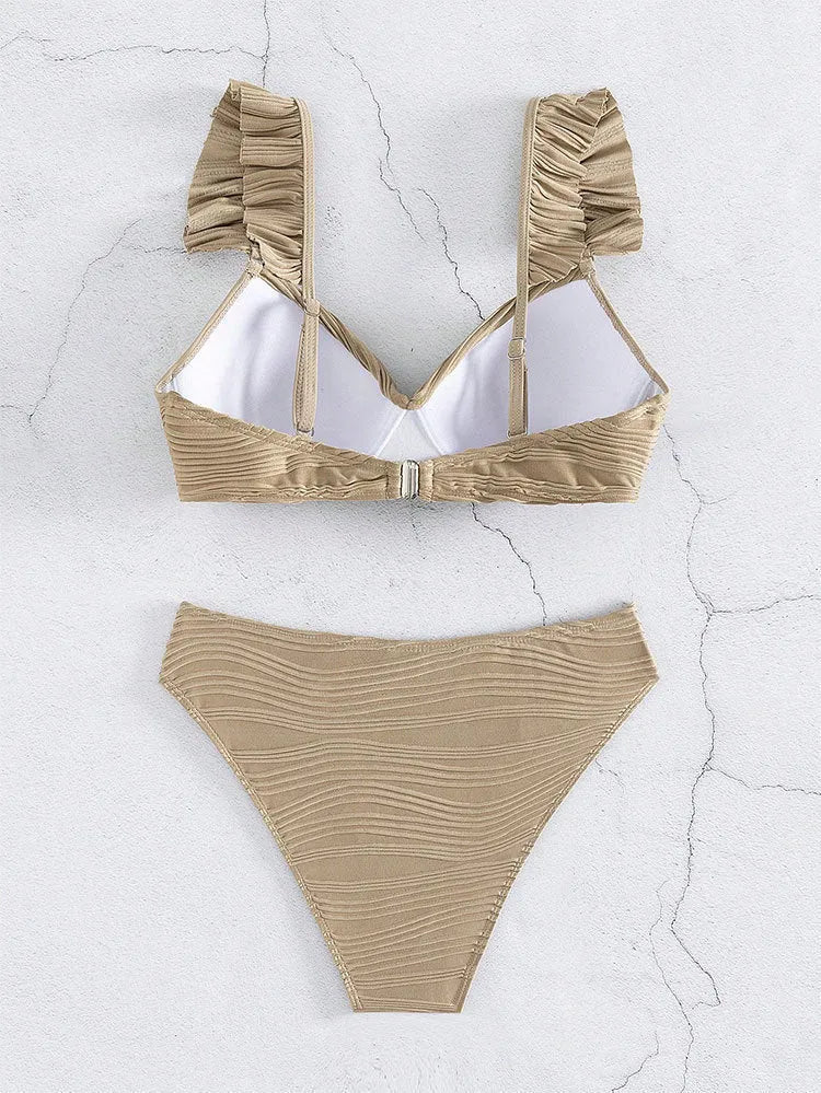 Solid colour women's polyester bikini swimsuit in black or khaki