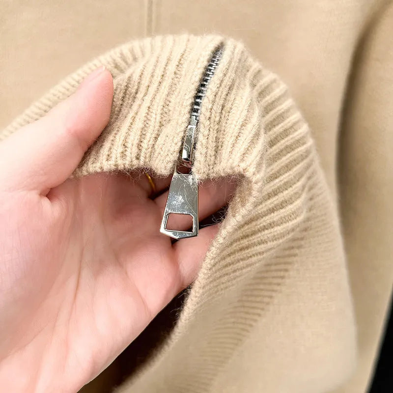 Men's loose fit grey knitted cardigan with stand collar and zip front closure