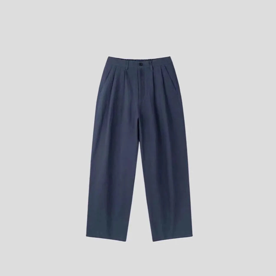 Men's Korean-style wide-leg cotton linen trousers in apricot colour with micro-elastic waist