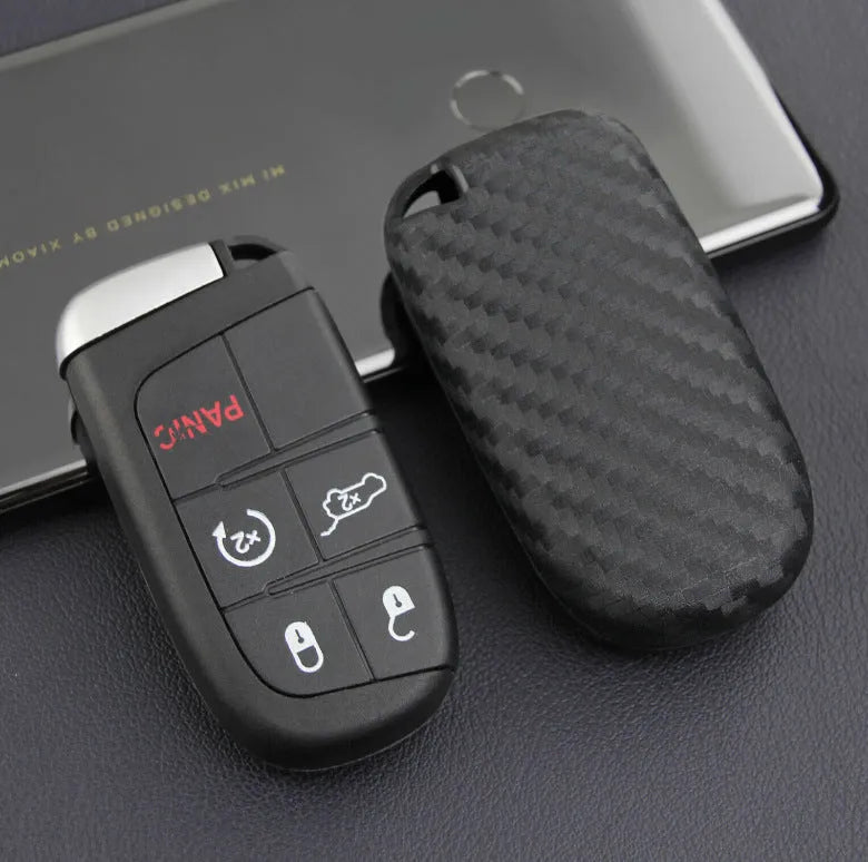 Silicone car key protection case for Dodge Chrysler Fiat remotes with carbon fibre design and large buckle