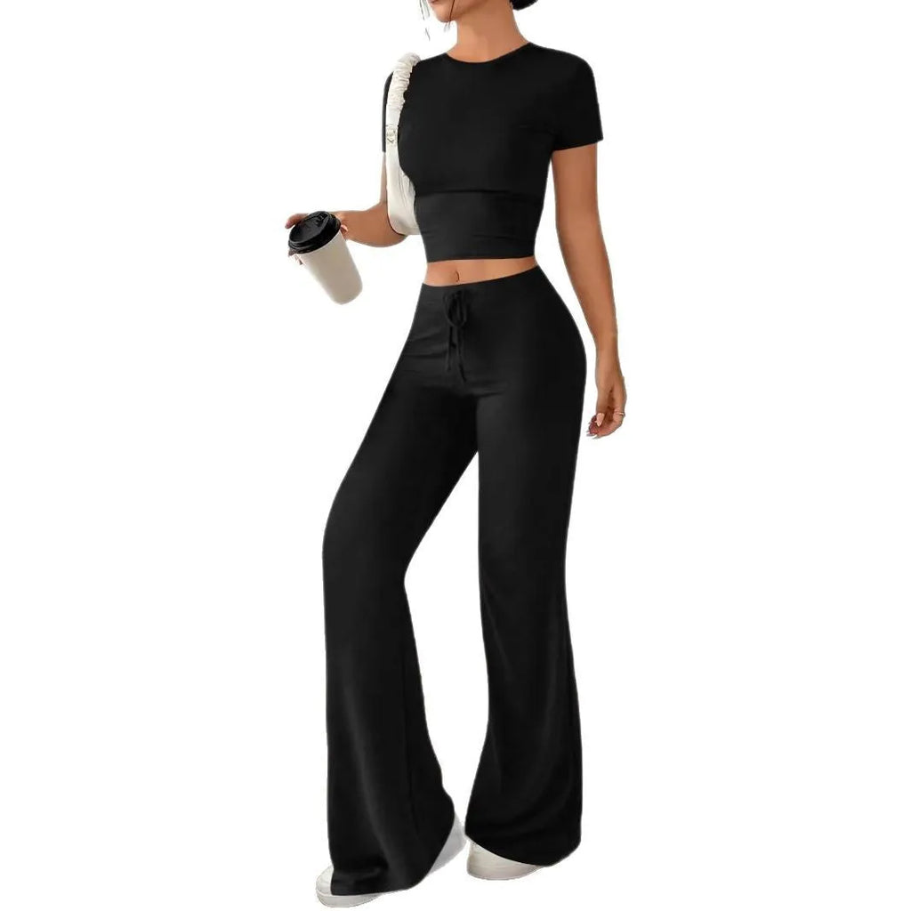 Black high waist trousers and short sleeve t-shirt women's suit set