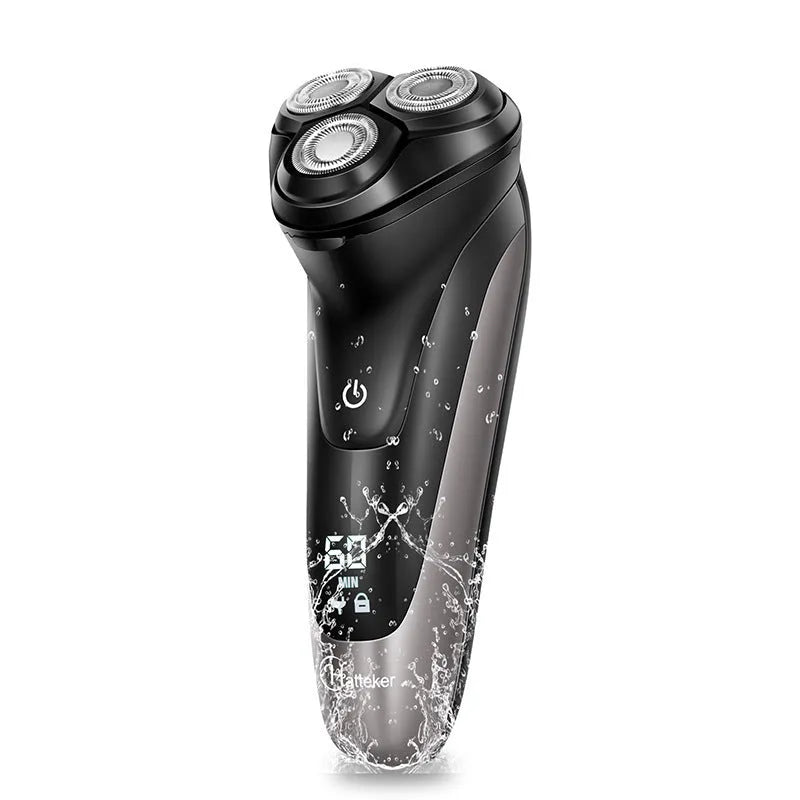 Men's electric shaver kit with three floating heads, pop-up trimmer, USB cable, and cleaning brush on a grey background.
