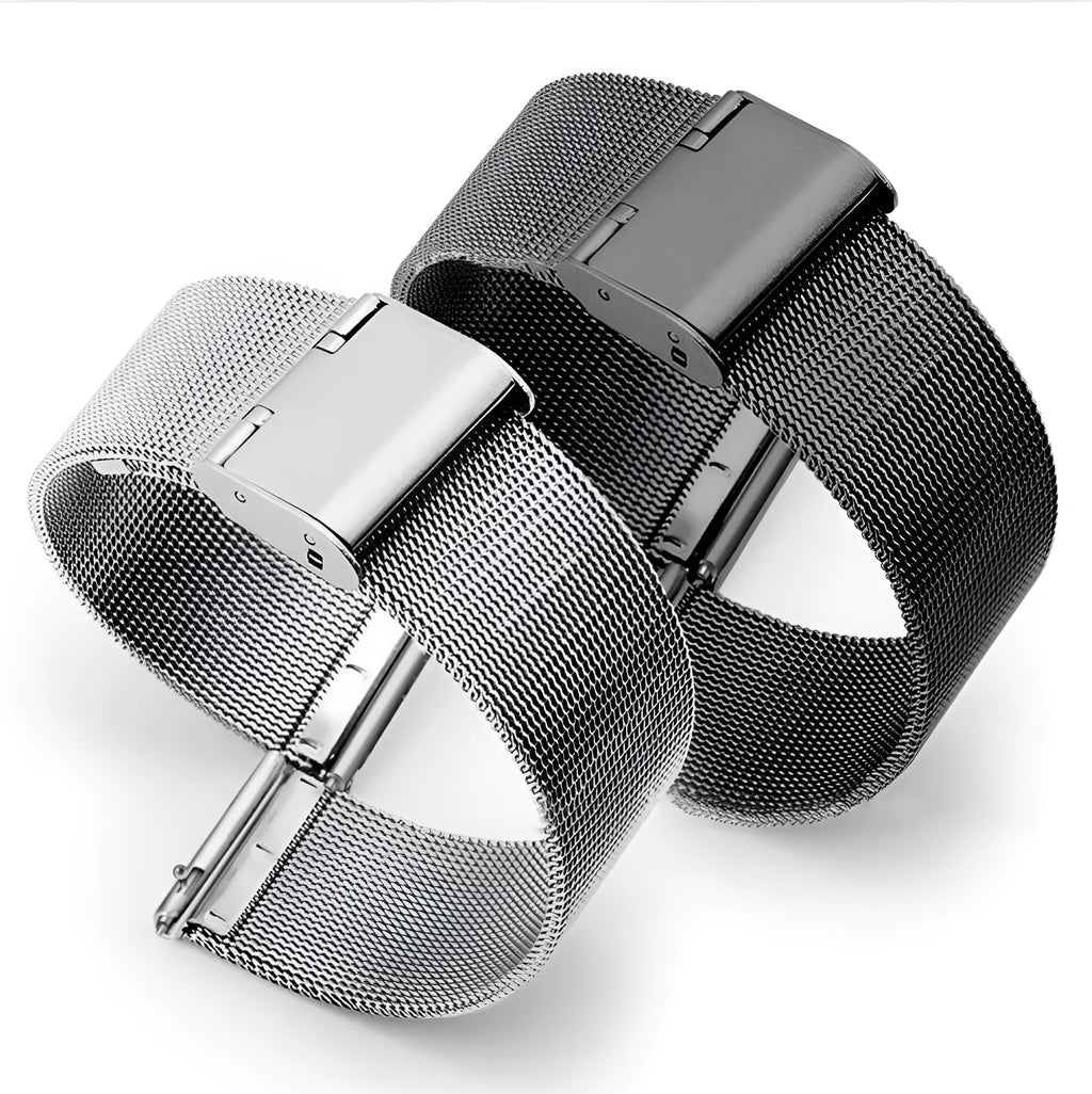 Milani Silk woven stainless steel watch band in silver, black, rose gold, and gold colour options.