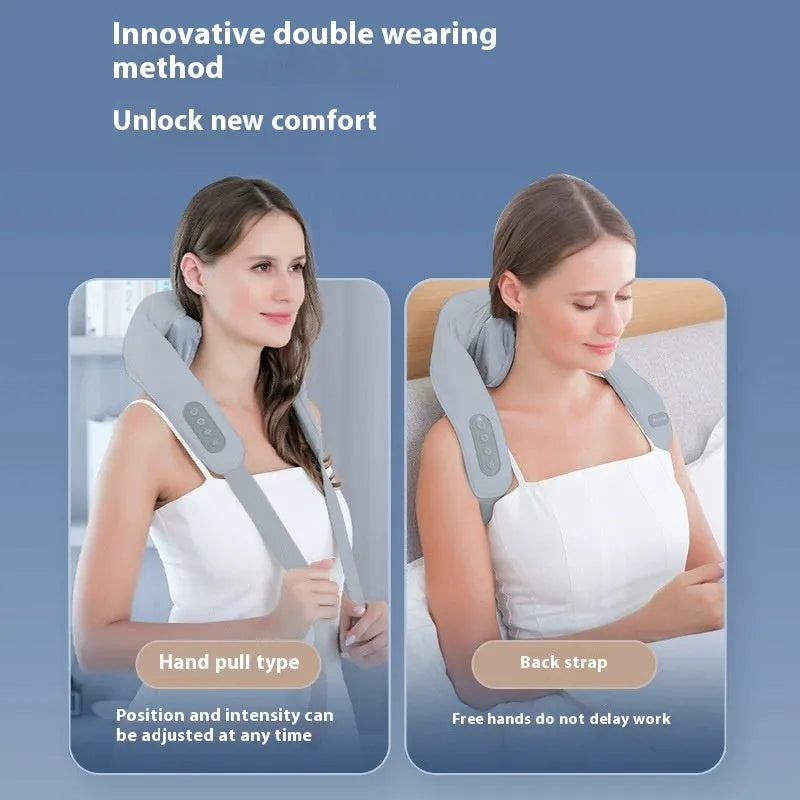 Gray multifunctional neck back waist massager with elastic fabric and infrared physiotherapy features