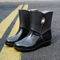 Women's middle tube non-slip rain boots in purple, black, and beige PVC with thickened construction for warmth