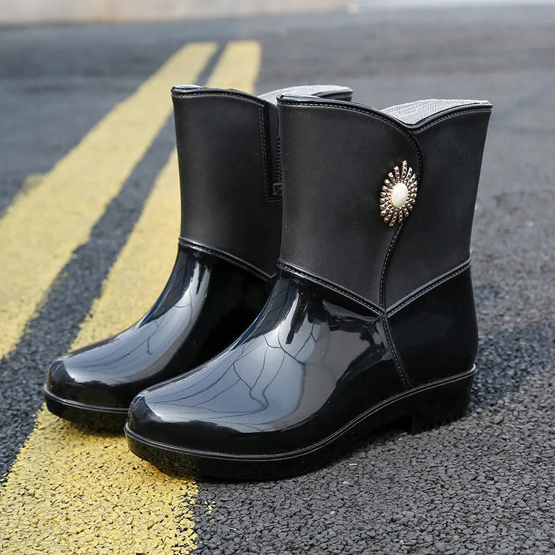 Women's middle tube non-slip rain boots in purple, black, and beige PVC with thickened construction for warmth