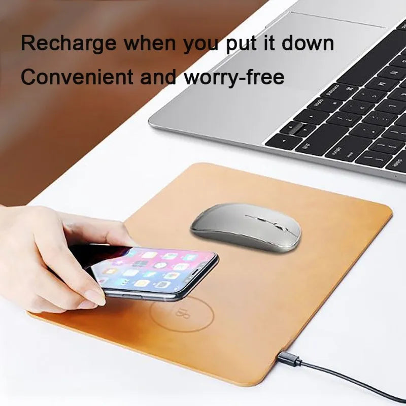 Brown leather wireless charging mouse pad with Qi fast charge capability for computer desks
