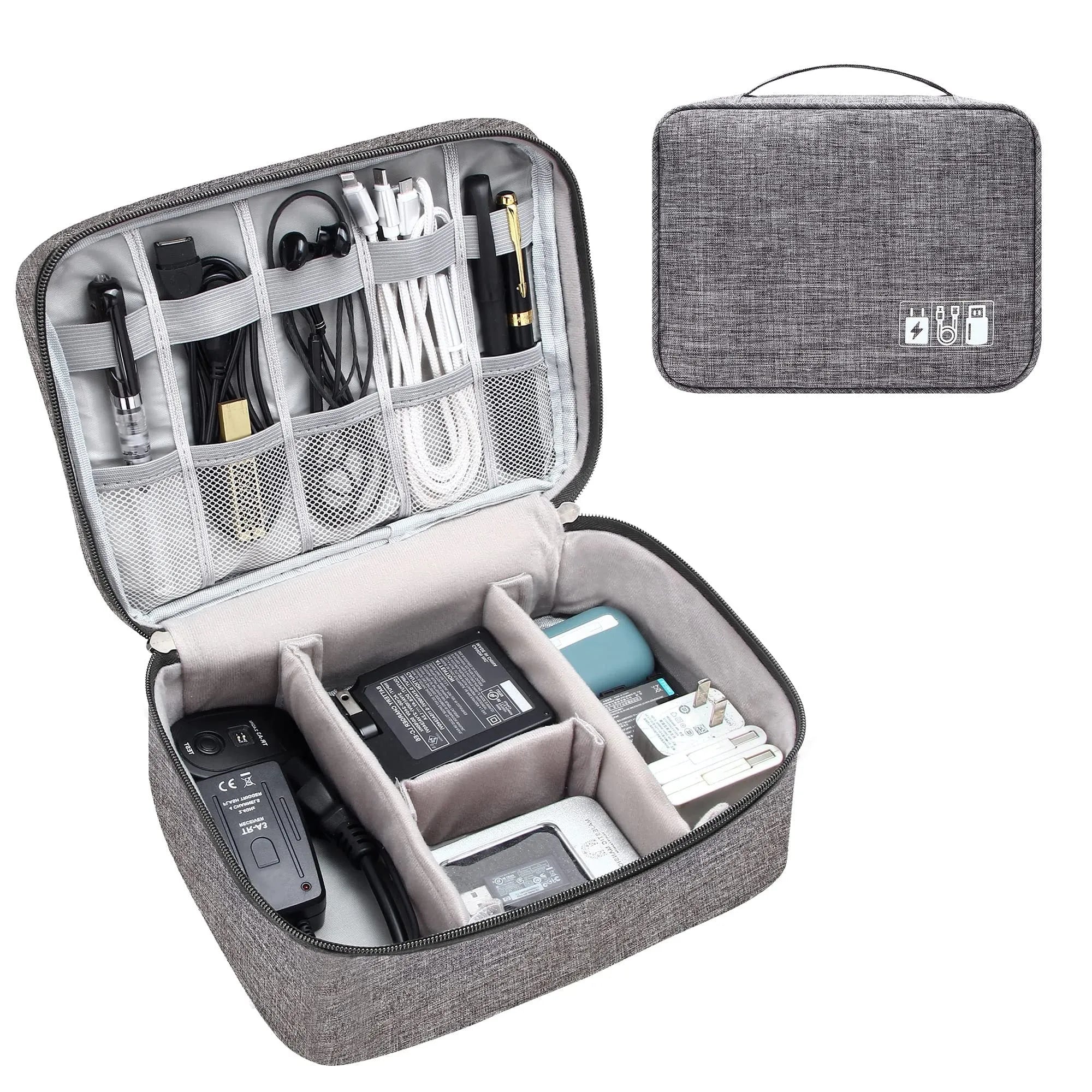 Black electronics organiser case open to show mesh pockets, elastic loops and removable padded dividers inside.
