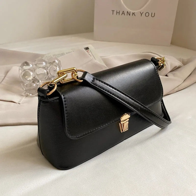 French casual western style PU underarm bag with shoulder chain, horizontal square shape, sandwich pocket, street-trend sewing thread detail