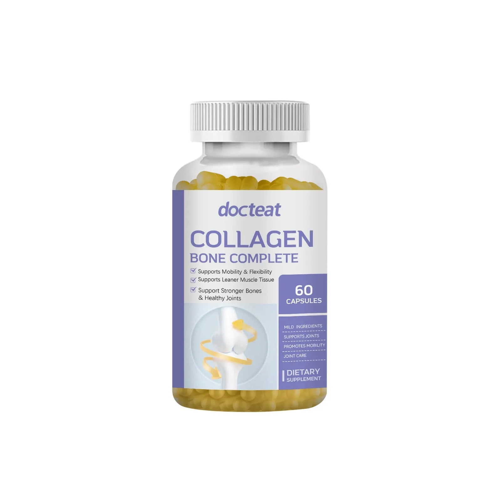Bottle of collagen capsules with multivitamin vitamin C D3 K2 calcium 60 capsules