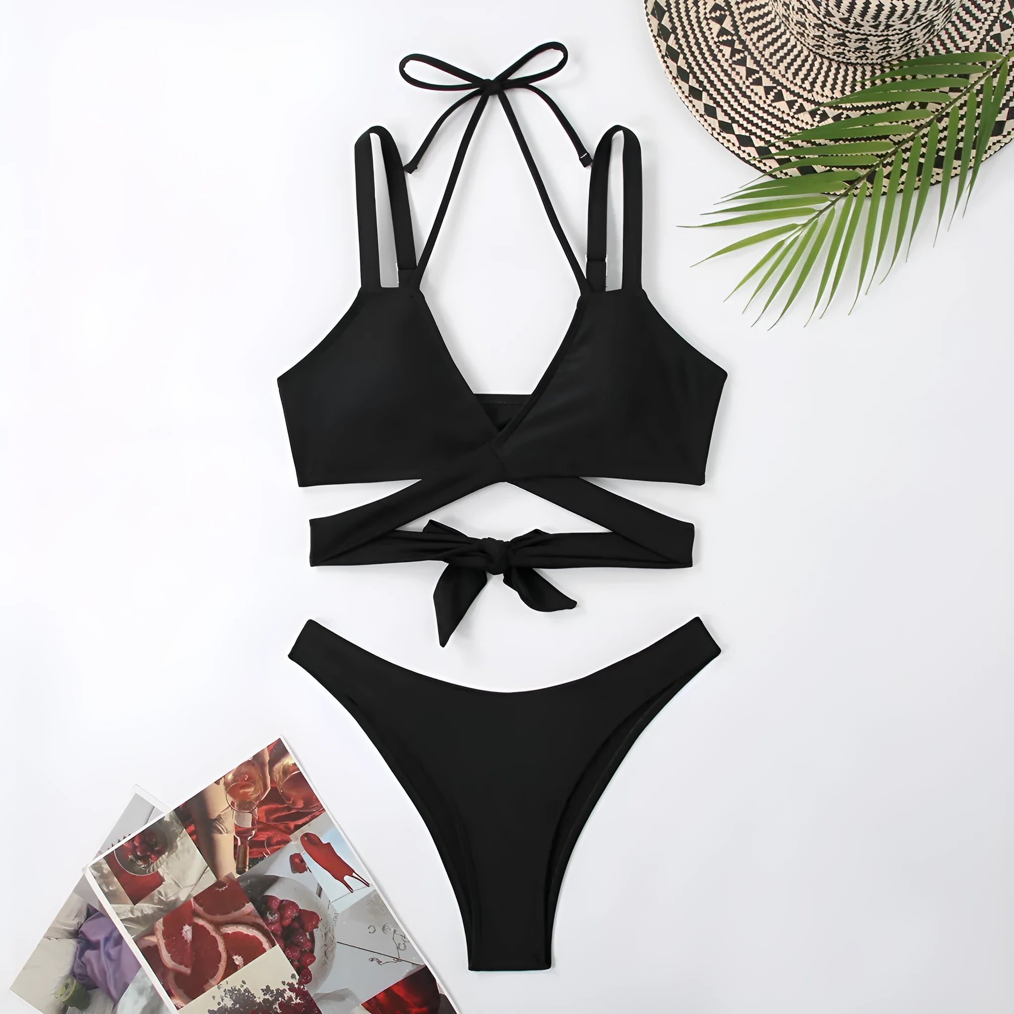 Women's solid colour strapless bikini swimsuit in black, blue, red, rose red, or white