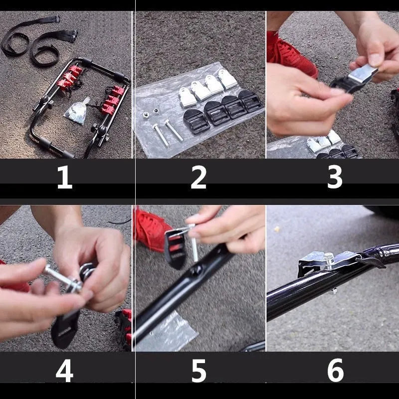 Black and red iron frame car bike rack for trunk mounting, showing tie rope and pull belt fastening styles.