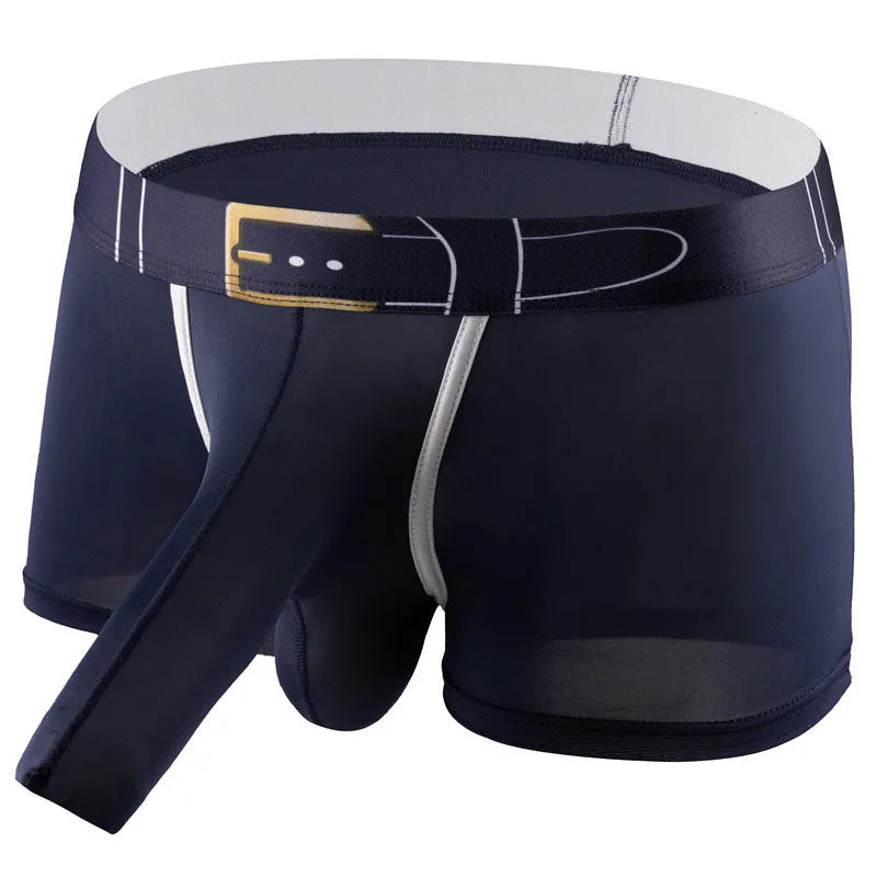 Men's solid colour Ice Silk boxer shorts laid flat, showing mid waist design and fabric texture.