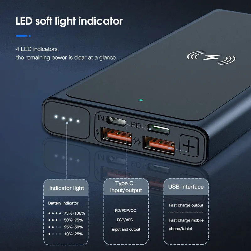 Black and blue alloy fast charging wireless power bank 10000mAh with plug