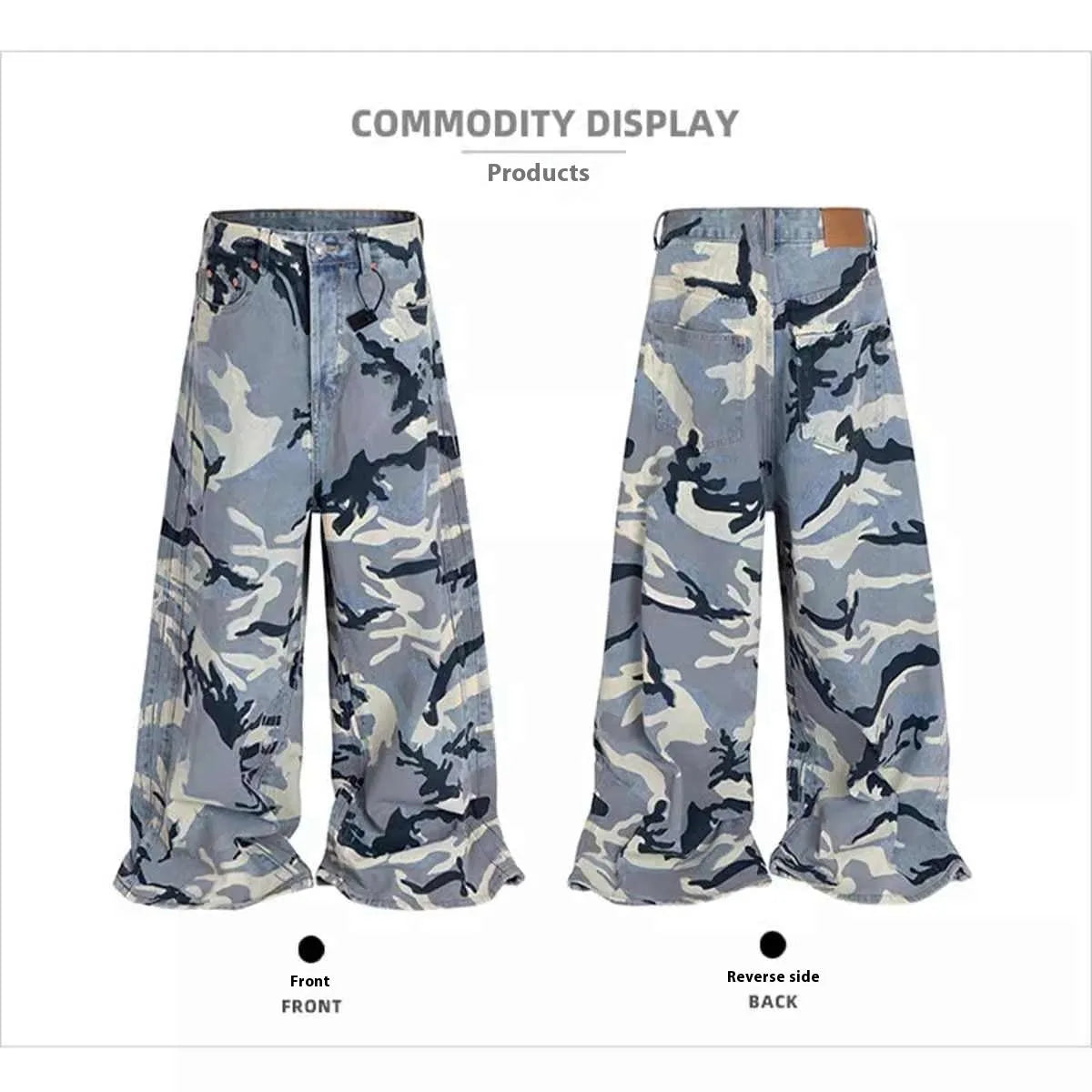 Snow camouflage blue jeans with mid-waist loose-fit design and micro-elastic cotton denim construction