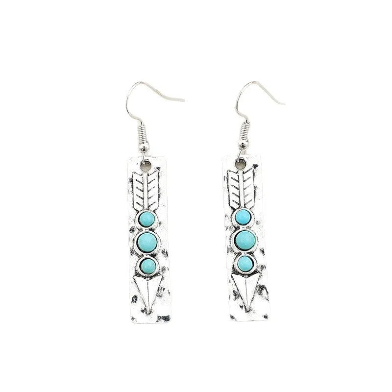 Silver geometric long drop earrings with turquoise inlay on a retro-style zinc alloy setting.
