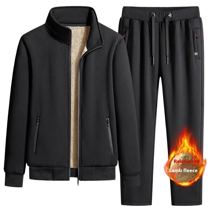 Men's cotton winter fleece set with long-sleeve coat and trousers, plus size, black drawstring style