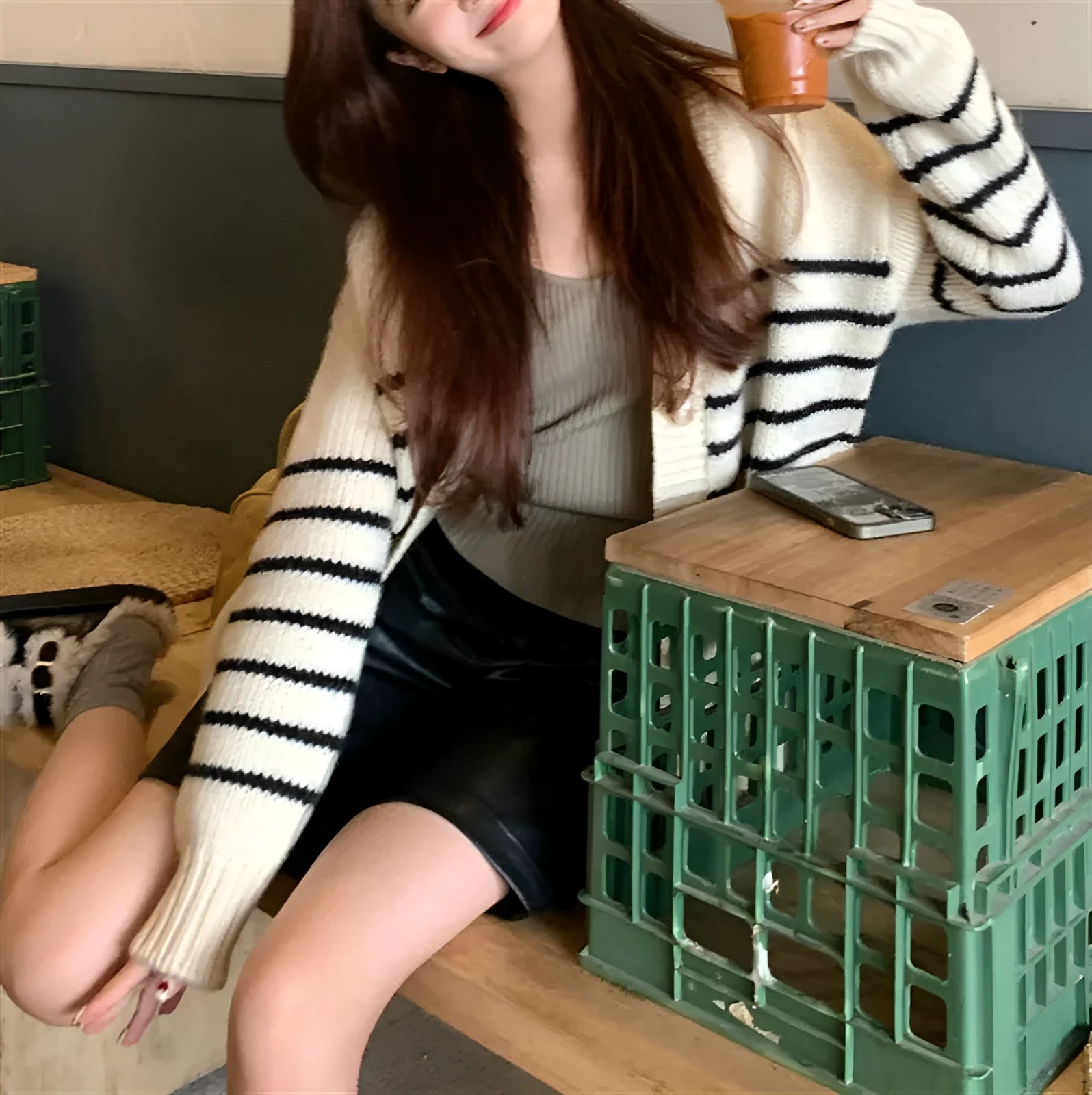 Women's grey collar button cardigan with 3D pattern, shown open and buttoned.