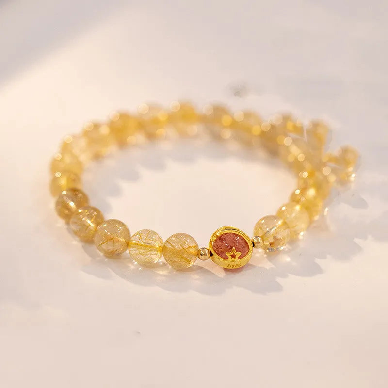 Natural gold rutilated quartz crystal bracelet with diamond cut beads, 6mm and 8mm sizes, unisex design
