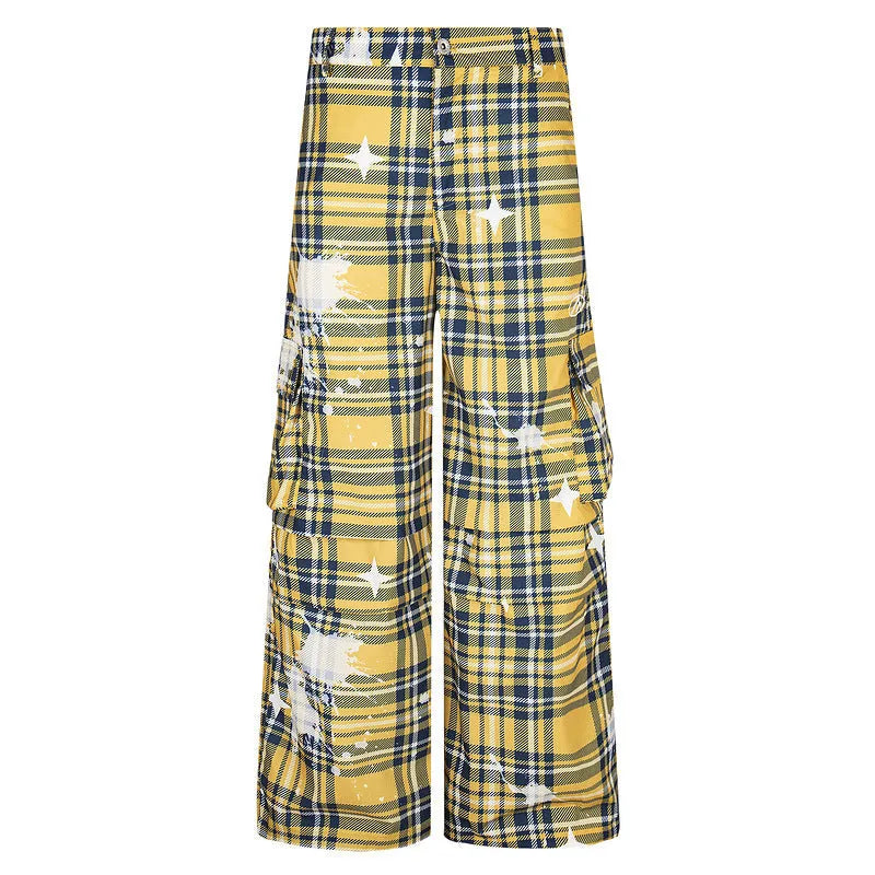 Men's retro plaid loose straight casual pants in blue colour, polyester fabric, mid-waist design