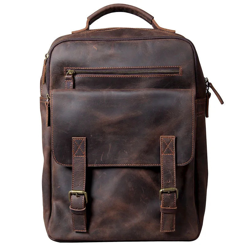 Retro crazy horse leather backpack first layer cowhide dark coffee colour with multiple pockets