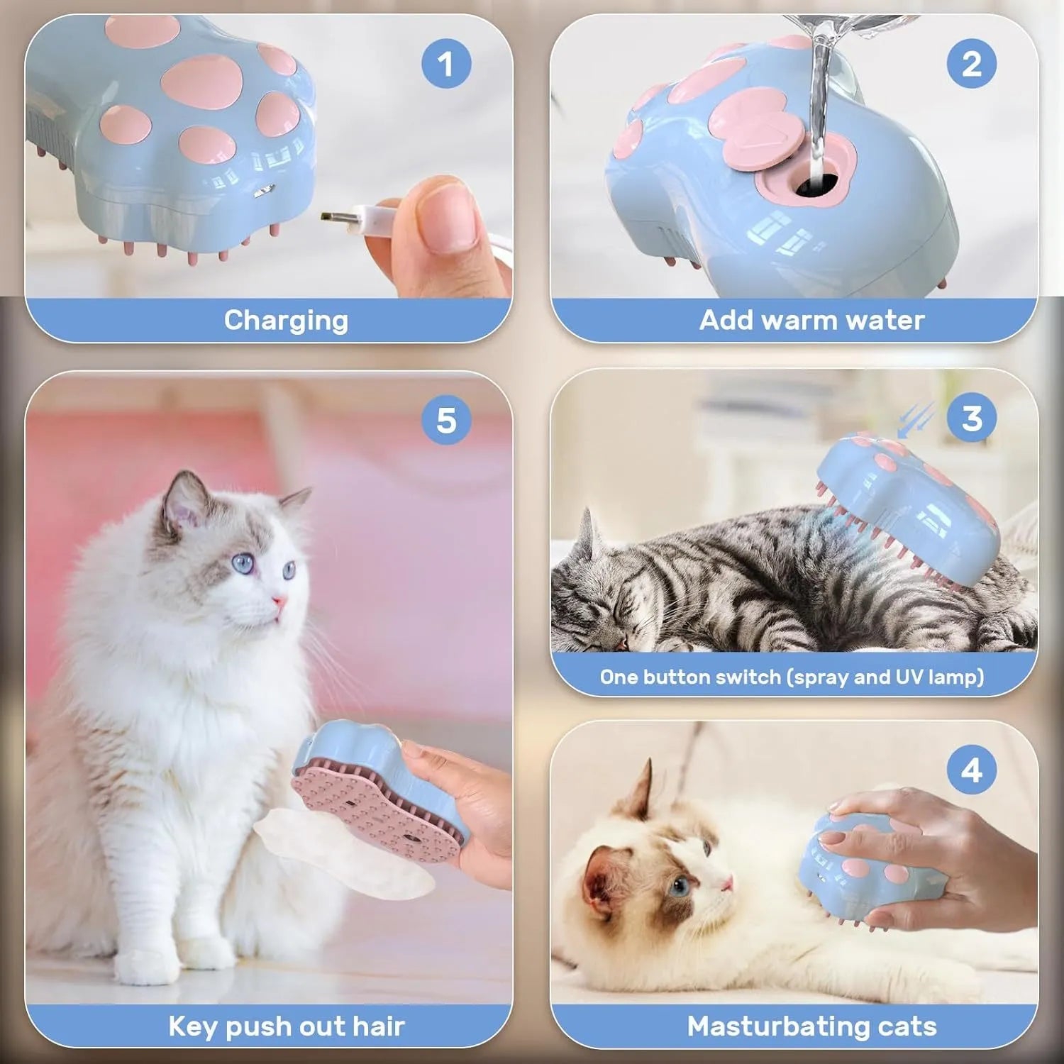 Blue self-cleaning cat steam brush with silicone bristles and release button