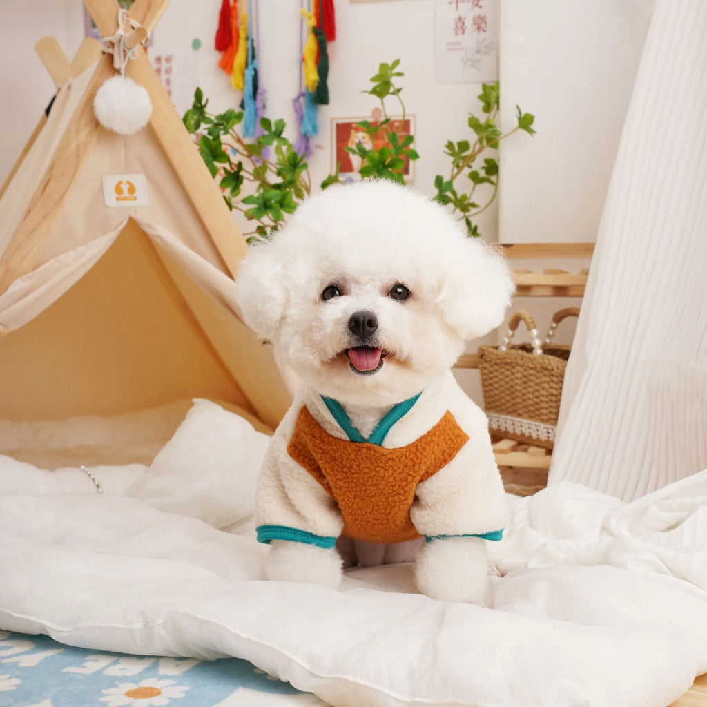 Pet autumn winter Berber fleece thickened sweatshirt in caramel colour on a small dog, side view
