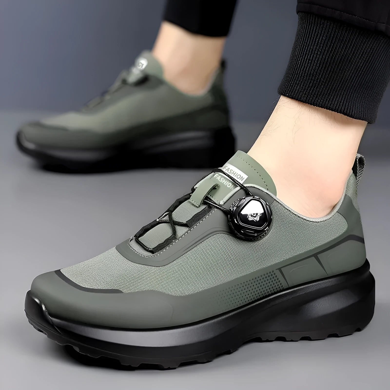 Men's breathable hollow out casual sneakers with rotating button lace-up, black colour, cloth upper and thick platform sole