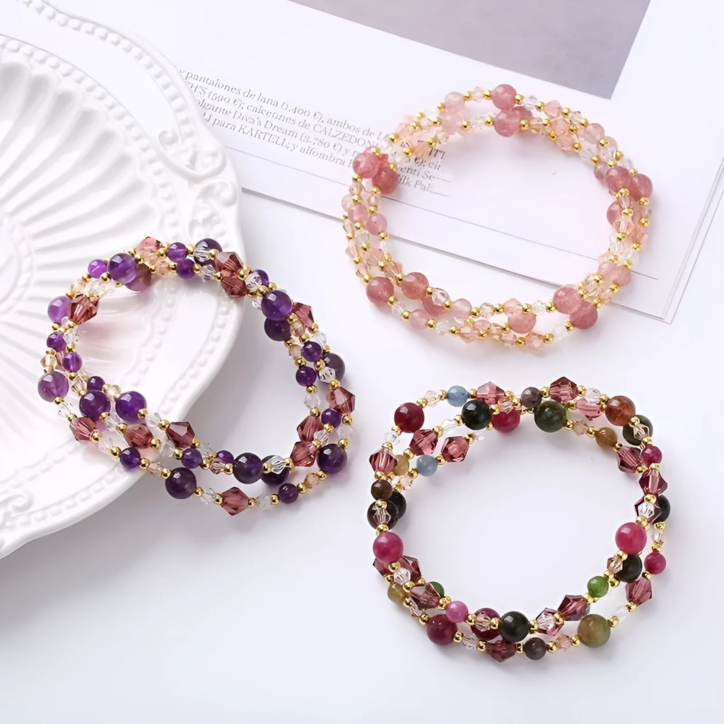 Women's adjustable three-ring crystal bracelet with tourmaline, strawberry quartz and amethyst stones
