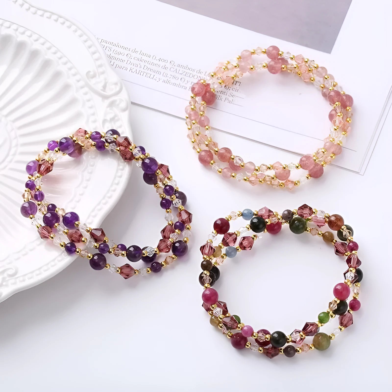 Women's adjustable three-ring crystal bracelet with tourmaline, strawberry quartz and amethyst stones