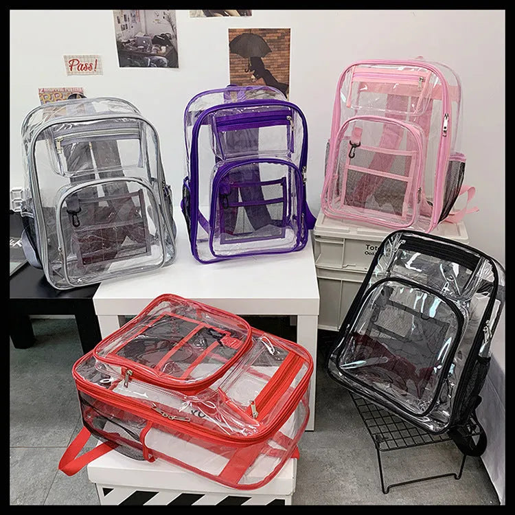 Transparent PVC waterproof backpack with inner bag in grey, measuring 30cm by 16cm by 44cm